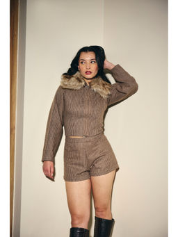 IT GIRL - Brown Checkered Fur Collar Neck Jacket