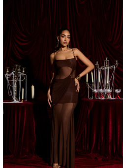 Lea Clothing - Mocha Mirage Brown Ruched Mesh Slinky Maxi Dress