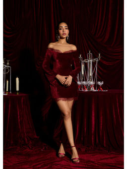 Lea Clothing - Crimson Velvet Lace Off-Shoulder Mini Dress