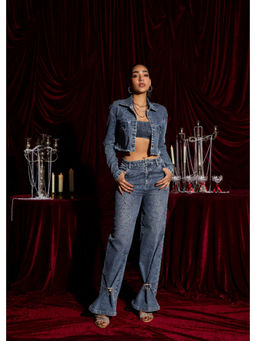 Lea Clothing - Indigo Wide-Leg Embellished Jeans