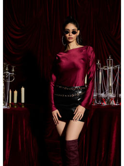 Lea Clothing - Merlot Satin Cowl Embellished Top