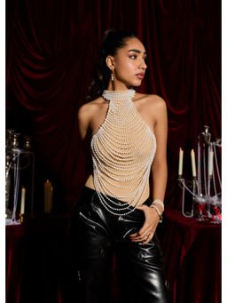 Lea Clothing - Opulent Hand-Embellished Pearl Halter Bodysuit
