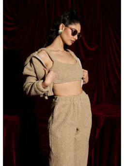 Lea Clothing - Winter Tan Teddy Crop Zip-Up Hoodie Jacket