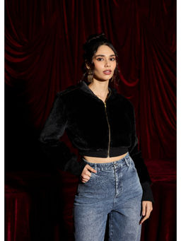 Lea Clothing - Velvet Faux Fur Crop Hoodie Jacket
