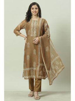 Biba - Brown Chanderi Unstitched Suit (Set of 3)