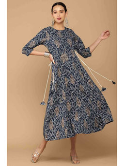 Soch - Navy Blue Cotton Khadi Print Kali Fit Kurta