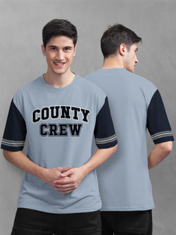 BULLMER - Men Grey Cotton Front and Back Typography Oversized T-Shirt