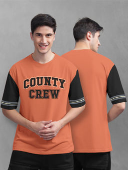 BULLMER - Men Orange Cotton Front and Back Typography Oversized T-Shirt