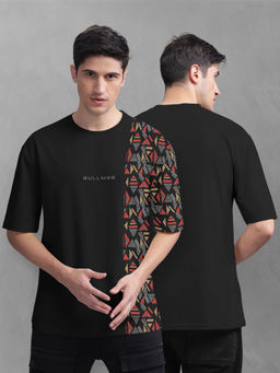 BULLMER - Men Black Cotton Front and Back Printed Oversized T-Shirt
