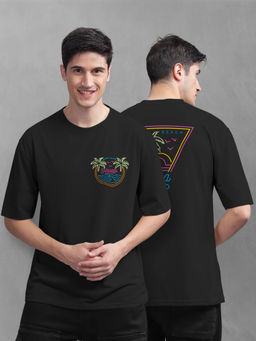 BULLMER - Men Black Cotton Front and Back Printed Oversized T-Shirt