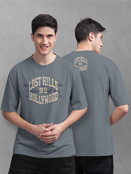 BULLMER - Men Grey Cotton Front and Back Typography Oversized T-Shirt
