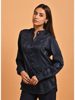 Lakshita - Navy Blue Satin Shirt With Full Sleeves And Open Front
