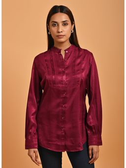 Lakshita - Burgundy Satin Shirt With Full Sleeves And Open Front