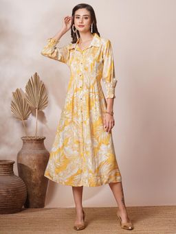 FASHOR - Abstract Floral Printed A-Line Pleated Midi Dress - Yellow