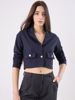 COLOR CAPITAL - Navy Blue Solid Crop Blazer