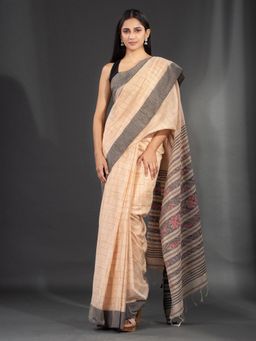 CHARUKRITI - Cream Handspun Cotton Hand Woven Soft Saree with Floral in Pallu with Unstitched Blouse