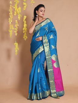 CHARUKRITI - Sapphire Blue Cotton Blend Handwoven Zari Woven Bird Designs Saree with Unstitched Blouse