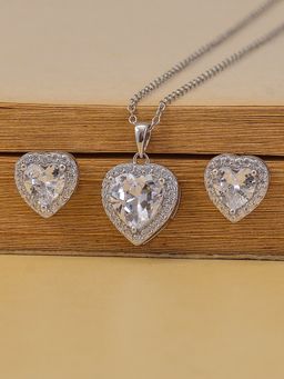 Ornate Jewels - 925 Sterling Silver Heart American Diamond Solitaire Pendant with Earrings Jewellery Set for Women Girls One Size
