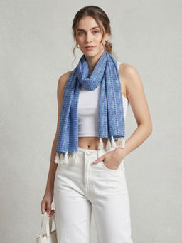 ANVI Be Yourself - Floral Printed Blue Chiffon Scarf with Tasselled