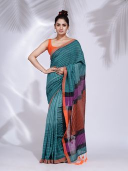 CHARUKRITI - Teal Pure Cotton Handwoven Saree with Stripe Design with Unstitched Blouse