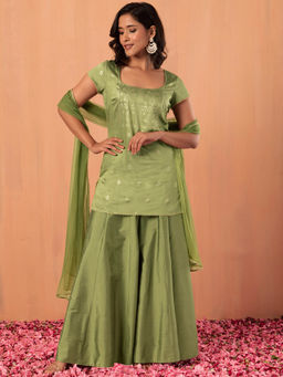 Indya - Olive Green Sharara with Foil Print Kurti & Dupatta (Set of 3)