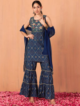 Indya - Blue Ajrakh Print Sharara with Kurti & Dupatta (Set of 3)