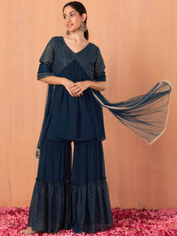 Indya - Teal Blue Tiered Sharara with Chevron Foil Print A-Line Kurta & Dupatta (Set of 3)