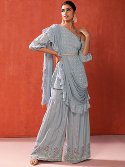 Indya - Foil Print Sharara & Short Kurta with Attached Ruffled Dupatta & Belt (Set of 3)