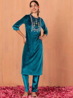 Indya - Blue Floral Zari Embroidered Velvet Kurta with Pants (Set of 2)