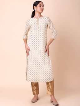 Indya - Ivory Multicolor Foil Print Straight Kurta