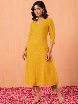 Indya - Mustard Yellow Foil Print Anarkali Kurta
