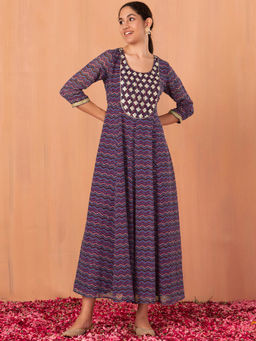Indya - Purple Chevron Ajrak Print Anarkali Kurta