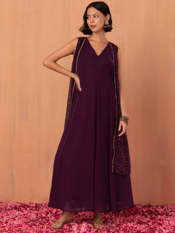 Indya - Purple Foil Print Jacket with Kurta (Set of 2)