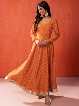 Indya - Orange Bandhani Print Anarkali Kurta