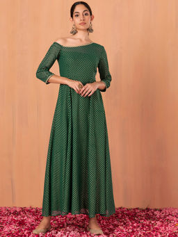 Indya - Dark Green Foil Print Asymmetric Maxi Kurta