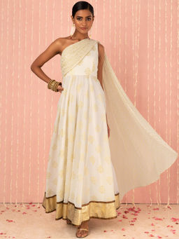 Indya - X Nikhil Thampi Ivory Foil Print Anarkali Kurta with Attached Drape