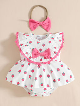 Hopscotch - Girls White Strawberry Bow Applique Onesie with Hairband