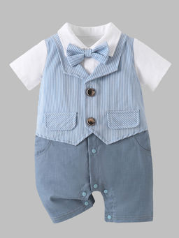 Hopscotch - Boys Bow Blue Applique Striped Romper