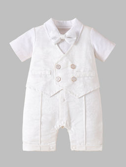 Hopscotch - Boys Bow White Self Design Applique All-Over Print Romper