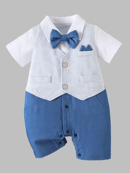 Hopscotch - Boys Bow White Applique Textured Romper