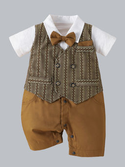 Hopscotch - Boys Brown Bow Applique Jacquard Romper