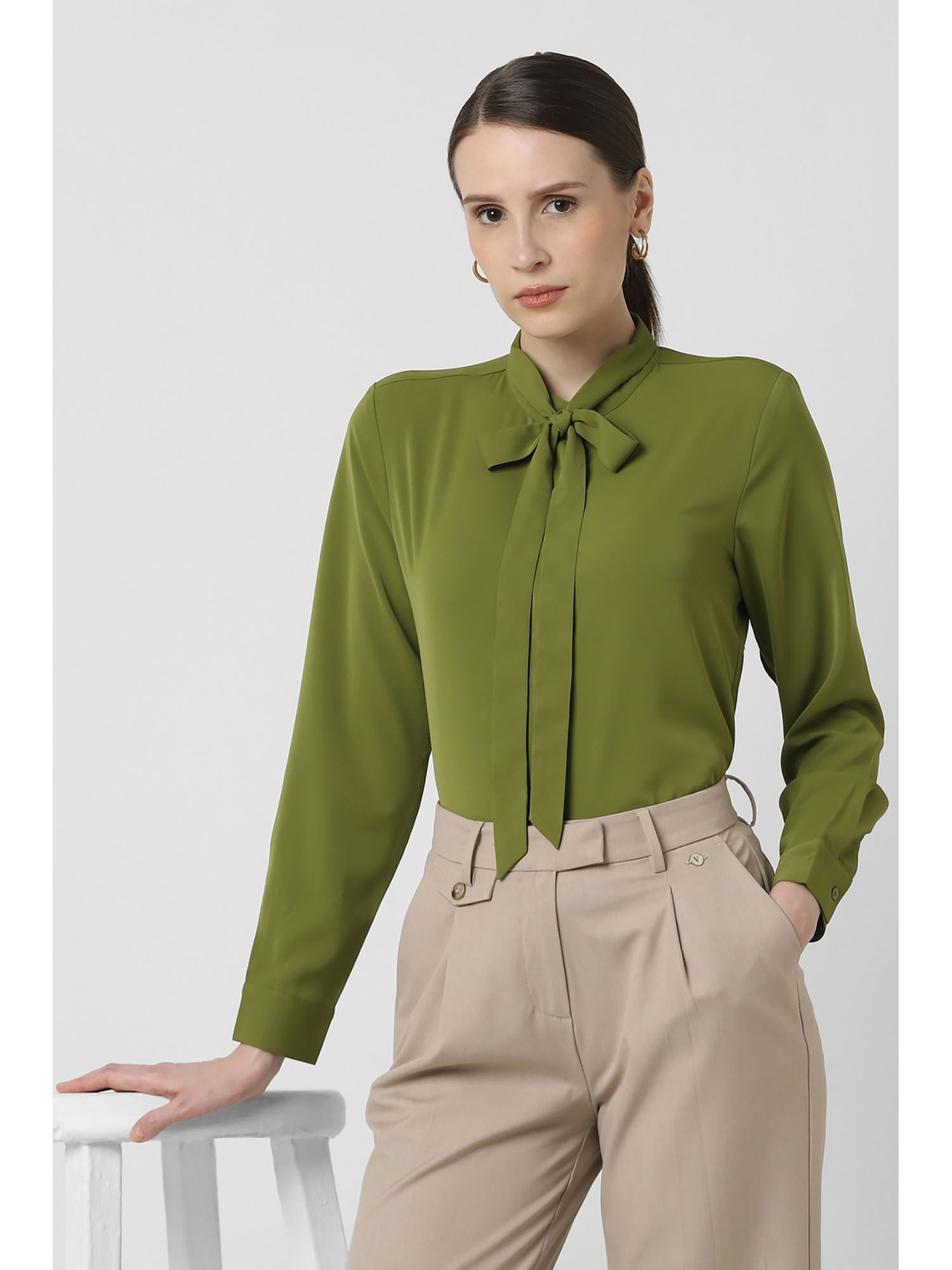 van heusen Women Olive Solid Full Sleeves Formal Shirt-picture-20