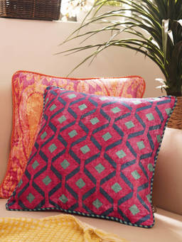 Pure Home + Living - Pink Geometric Digital Print Velvet Square Cushion Cover (16x16 inches)