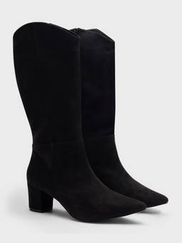 Twenty Dresses by Nykaa Fashion - Black Pointed Toe Suede Women's Block Heel Mid-Calf Boots