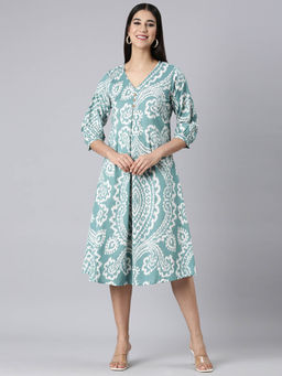 NEERU'S - Neerus Sea Green Casual Floral A-Line Kurta