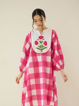 Rustorange - Rose Pink Old School Slub Checked Cotton Kurta