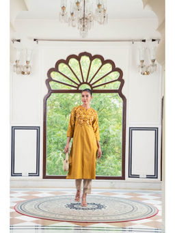 SAVI - Mustard Cotton Embroidered Straight Kurta