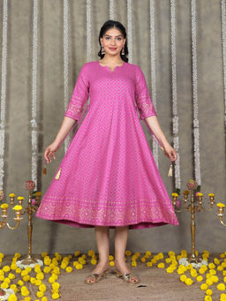 ARAMYA - Viscose Anarkali Gold Foil Print Kurta