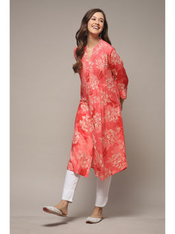 Biba - Womens Coral Printed Rayon Straight Kurta