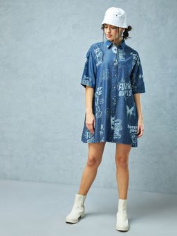 Bewakoof - Women's Blue All Over Printed Oversized Shirt Dress